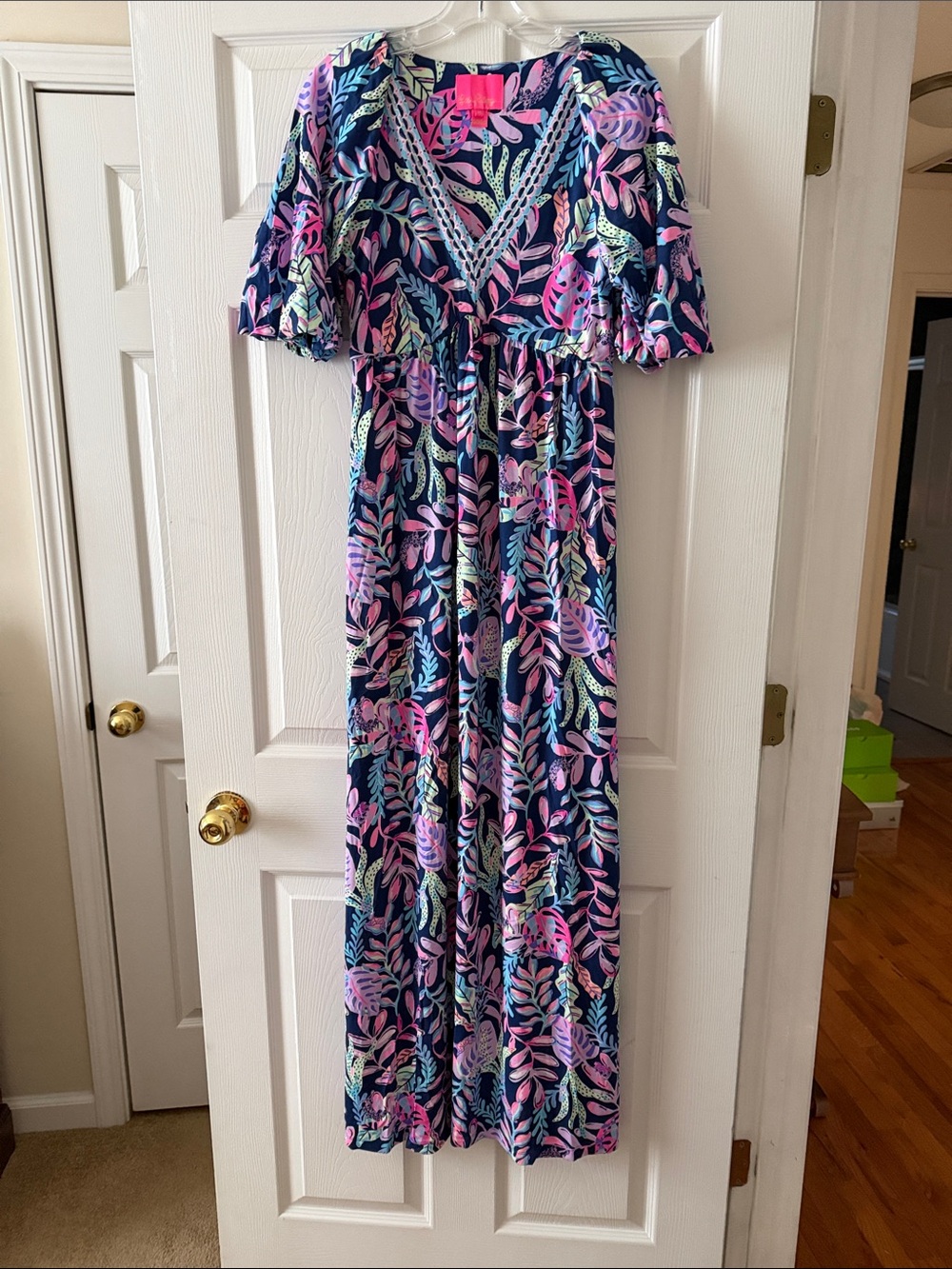 Lilly Pulitzer Navy Maxi Dress with Pink & Lavender Leaf Print
